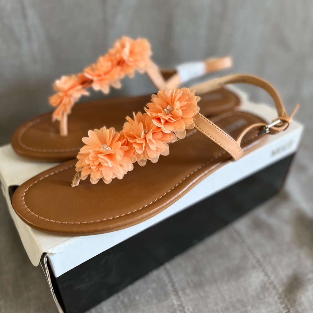 Floral Embellished Sandals Peach T-Bar Strap Slingback Thong 10m Spring Easter